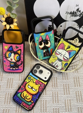 个性涂鸦怪诞小猫咪适用iphone17苹果16promax小众15plus时尚14磁吸13男女12潮流神甲内绒全包相机ai键手机壳