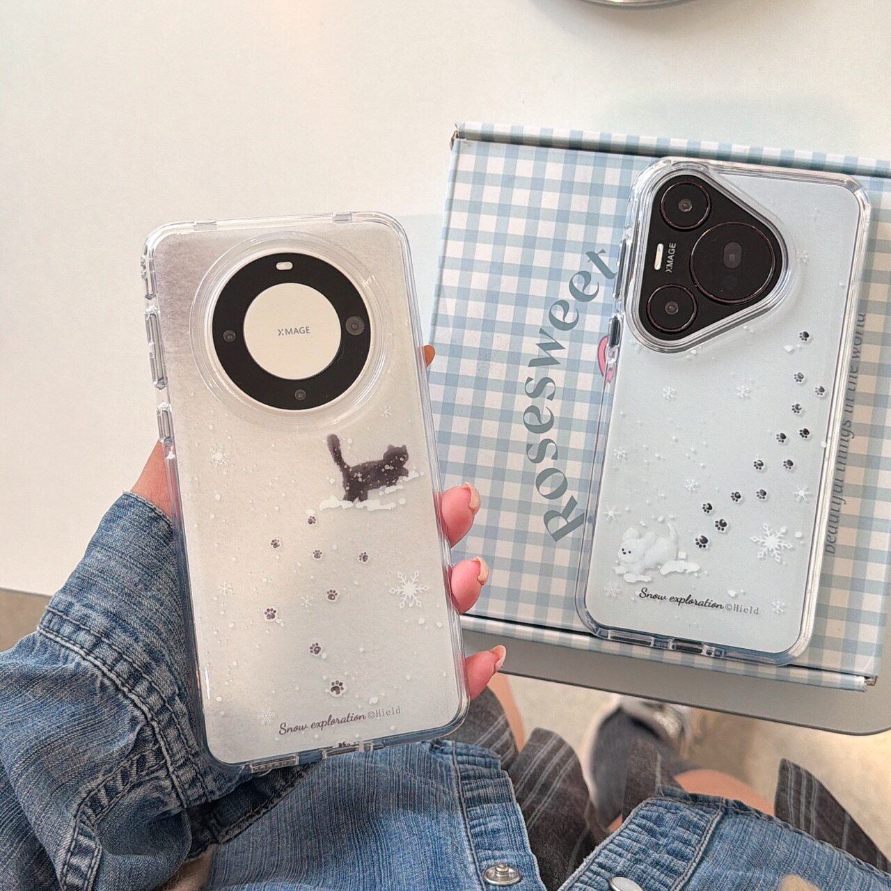 雪地小白兔黑猫咪透色ins适用Huawei华为Mate80promax男女生pura70小众60pro+圆边双层IMD镜框加高防摔手机壳