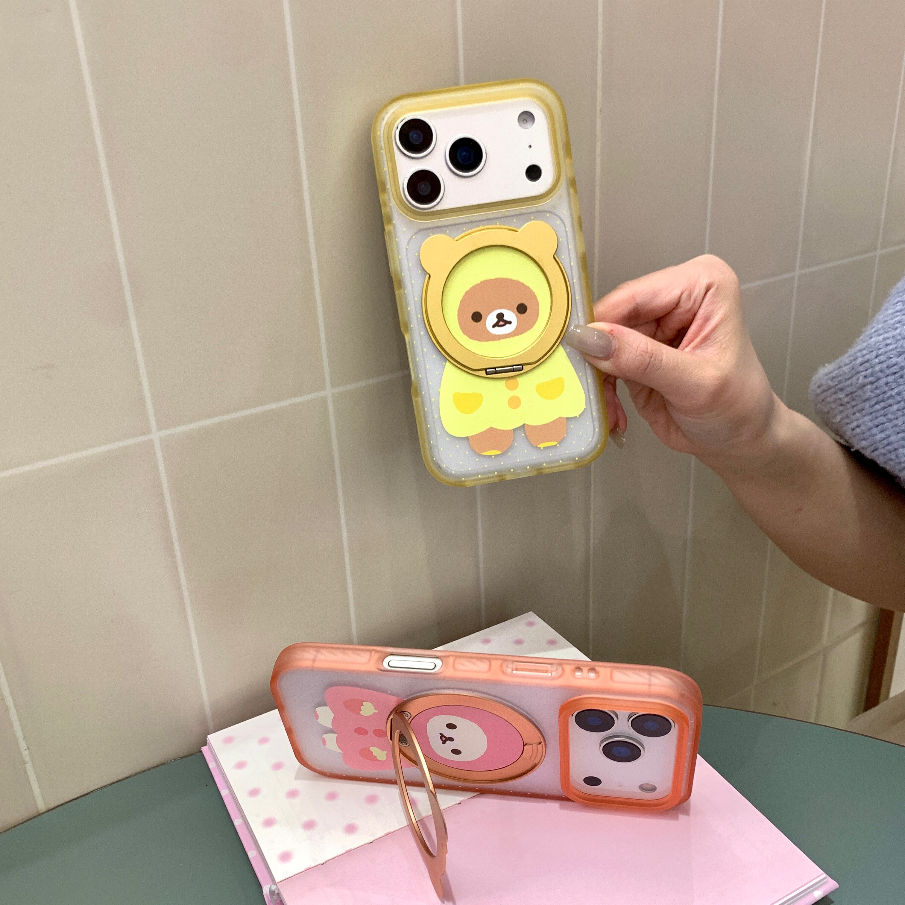 小波点轻松熊适用iphone苹果17promax卡通16pro可爱15小众男女软框硬背磨砂肤感抗指纹360旋转支架磁吸手机壳