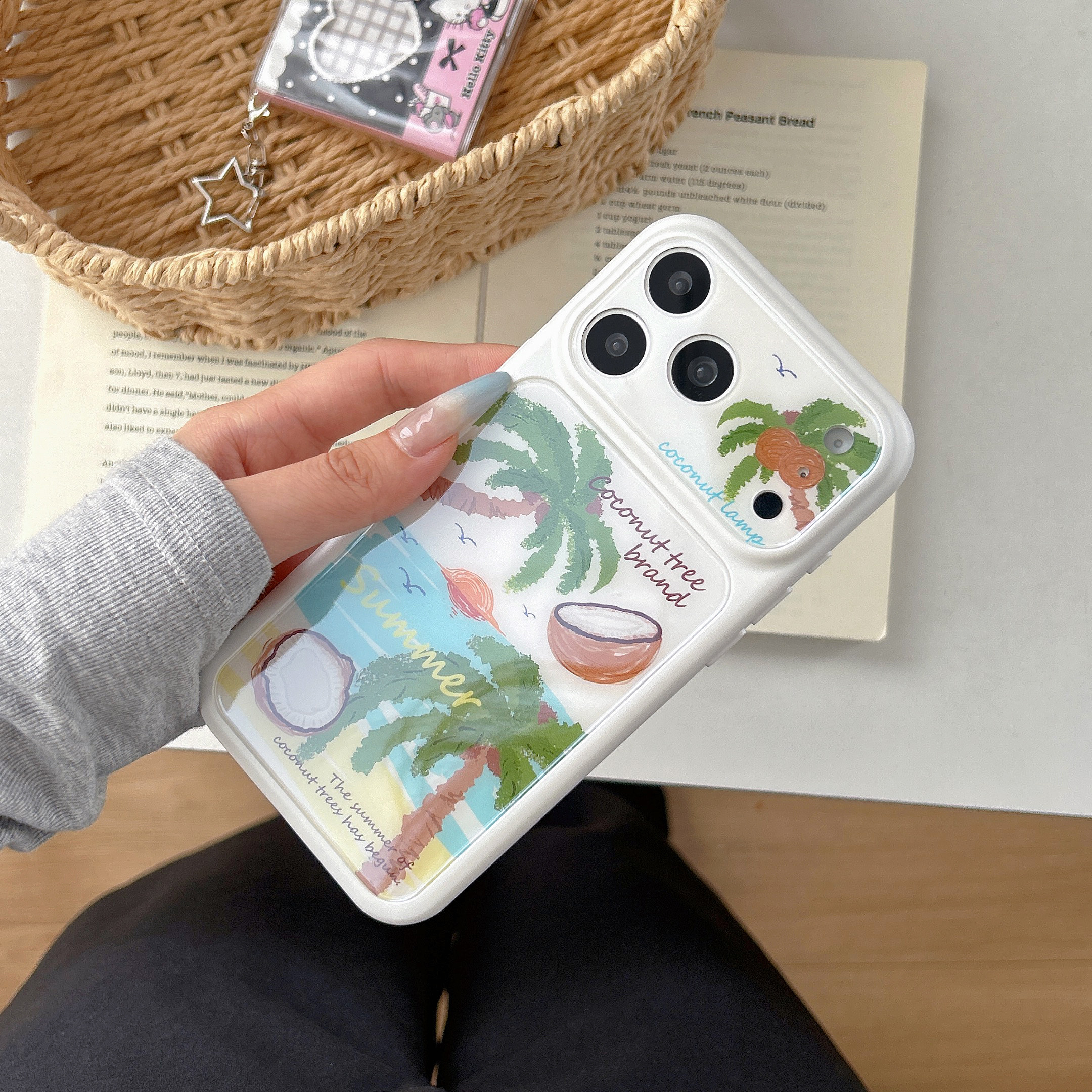 白色软框海边椰子树适用iphone苹果17promax小众16pro卡通可爱15女生时尚全包相机ai键秒变大视窗精孔手机壳