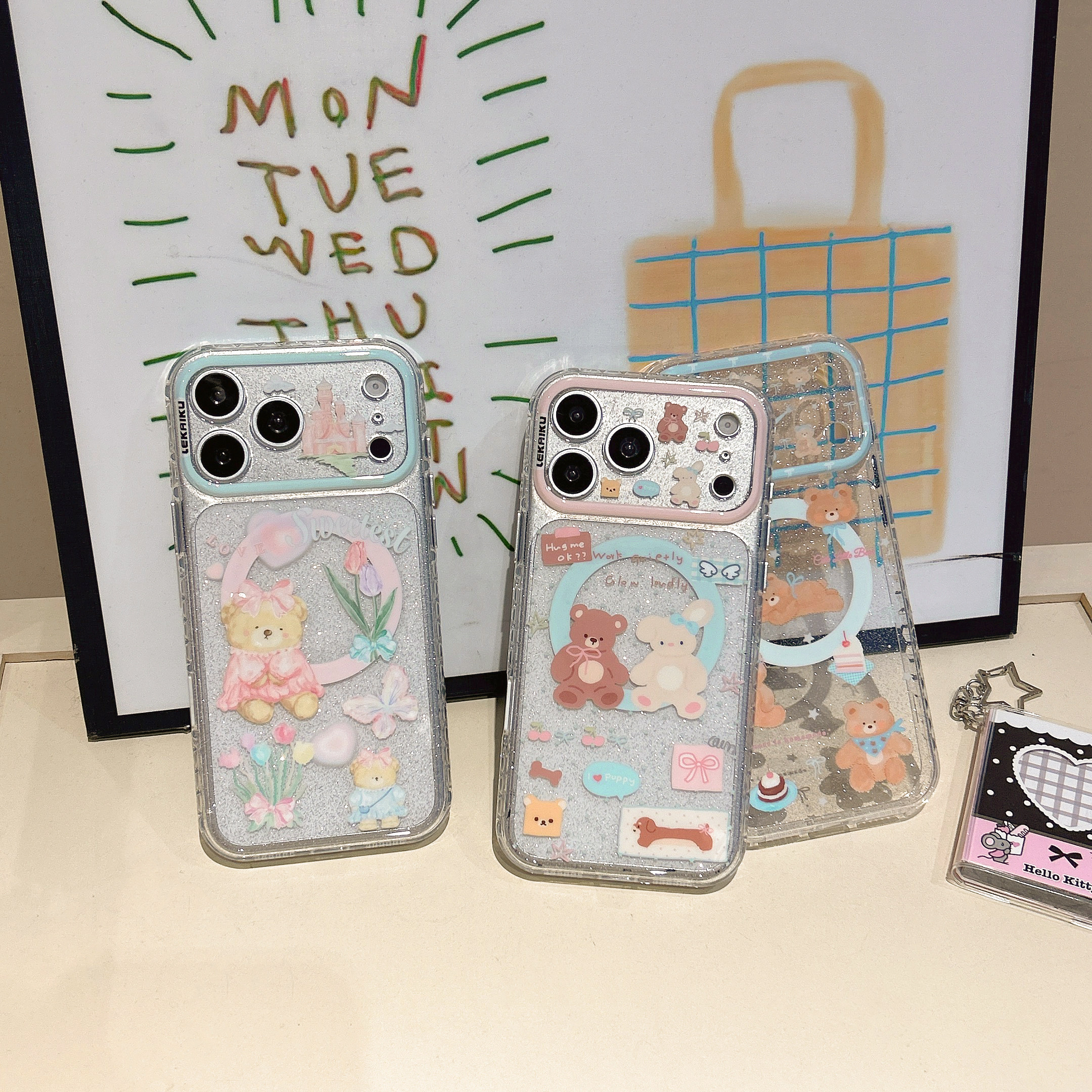 透色细闪LEKAIKU花朵小熊适用iphone苹果17promax可爱16pro卡通15女生全包相机ai五金按键气囊精孔磁吸手机壳