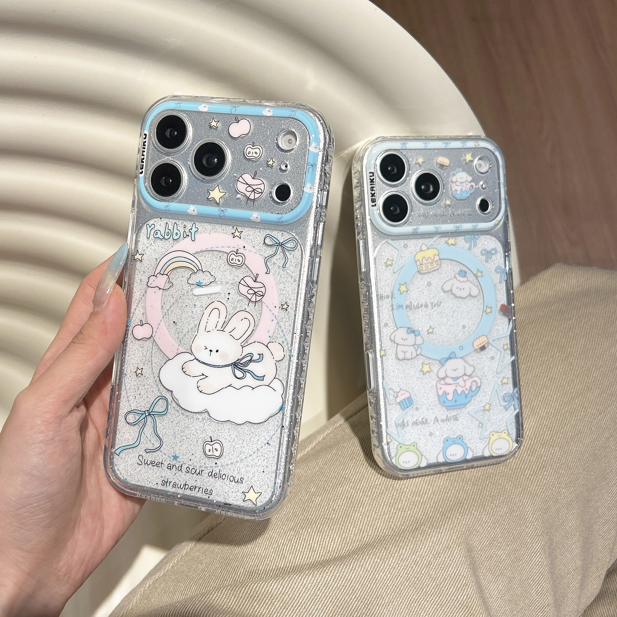 LEKAIKU粉色兔子蓝色小狗适用iphone苹果17promax可爱16pro卡通15全包相机ai五金按键精孔气囊防刮磁吸手机壳