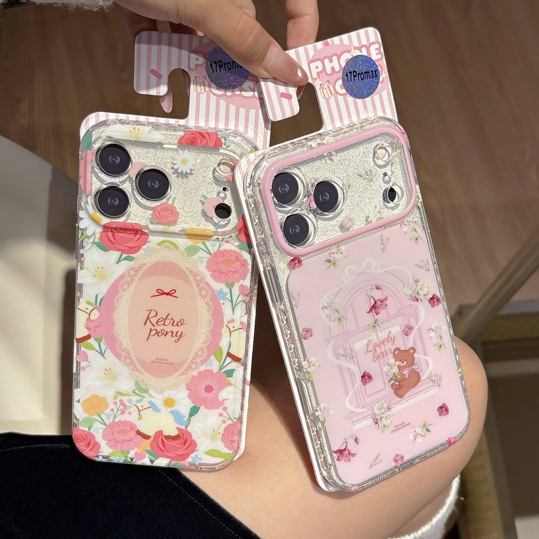 细闪粉色蕾丝花朵窗小熊适用iphone苹果17promax精孔1