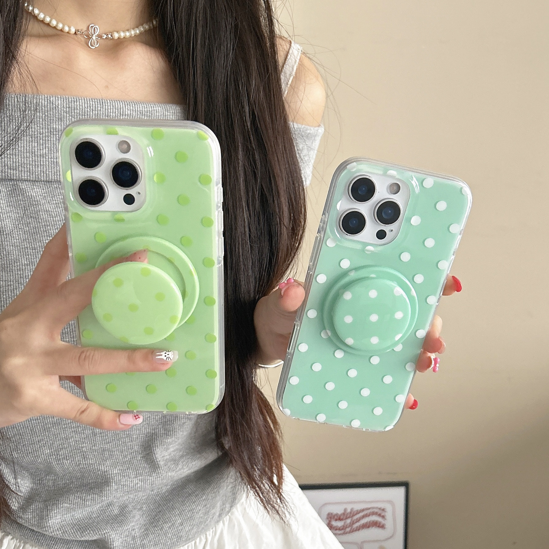 双层IMD彩色波点适用iphone苹果13气质14温柔15清新16promax女生17pro相机AI键磁吸气囊支架软边硬背套手机壳