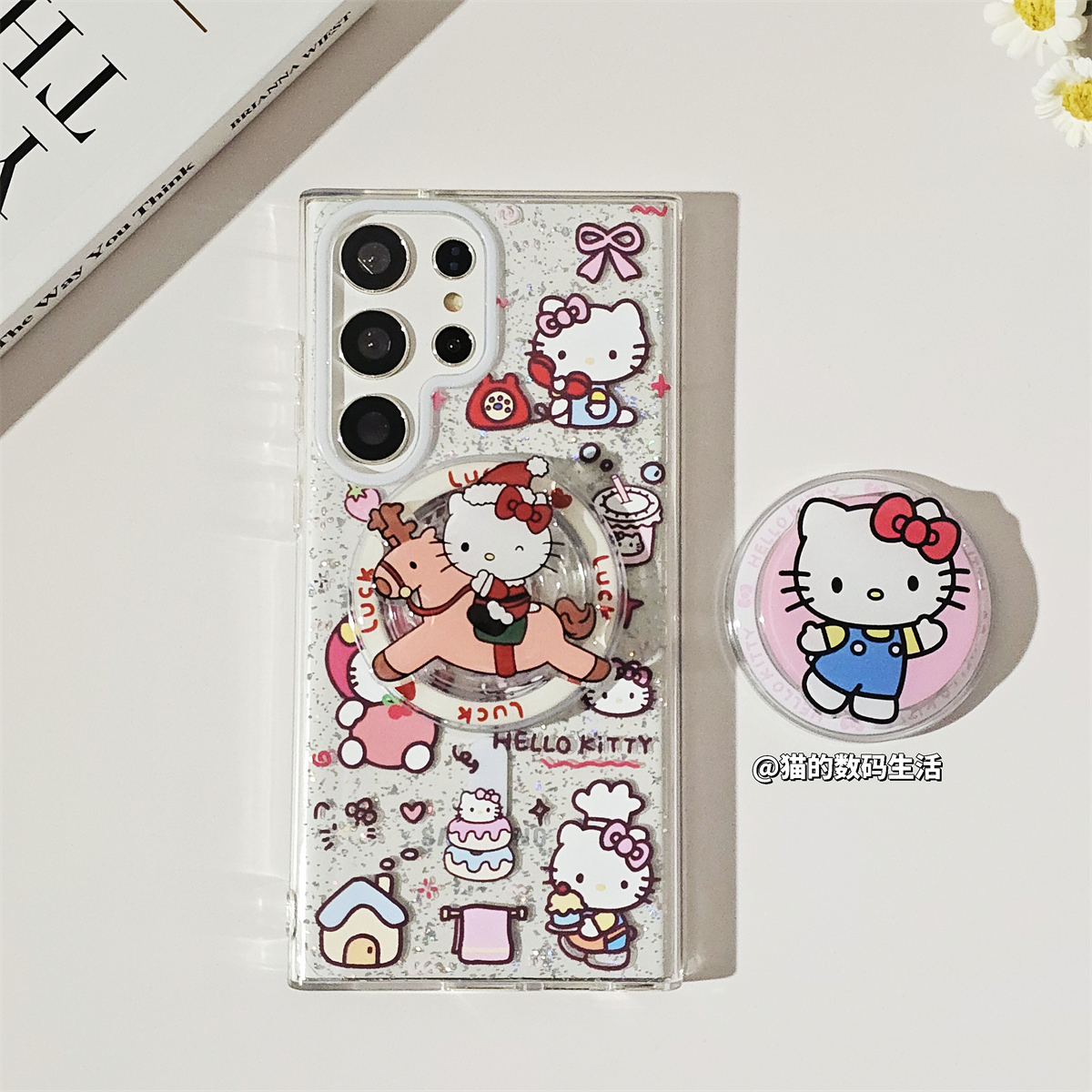 可爱kitty插画闪粉磁吸适用三星s24ultra手机壳高级感s25甜美新款全包s23+硅胶创意防摔专用壳s23u保护套韩风