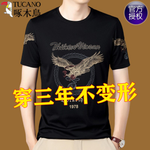 啄木鸟高级感男士 t恤潮流大码 冰丝半袖 圆领老鹰图案上衣T 印花短袖