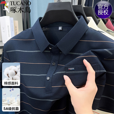 啄木鸟男士高档翻领条纹短袖t恤