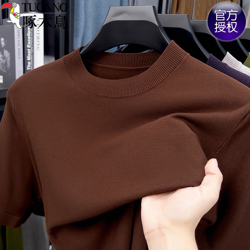 啄木鸟纯色短袖毛衣圆领针织衫男