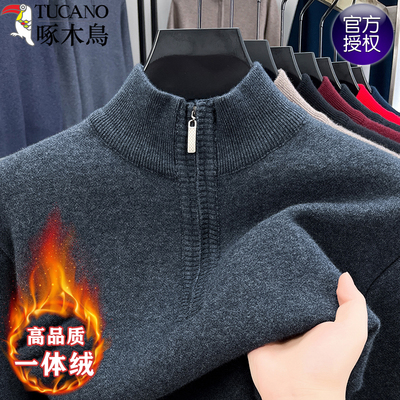 啄木鸟半高拉链加绒纯色羊毛衫男