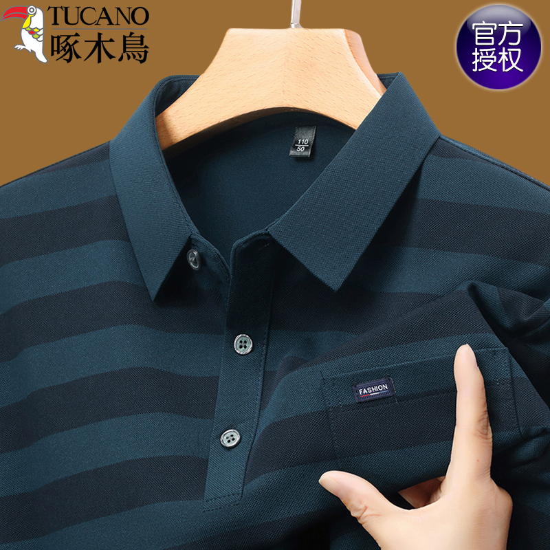 啄木鸟纯棉翻领长袖男士条纹T恤