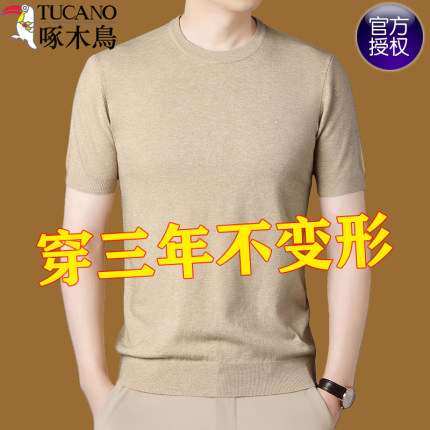啄木鸟男士圆领短袖羊毛衫秋冬中青年半袖毛衣T恤纯色针织打底衫