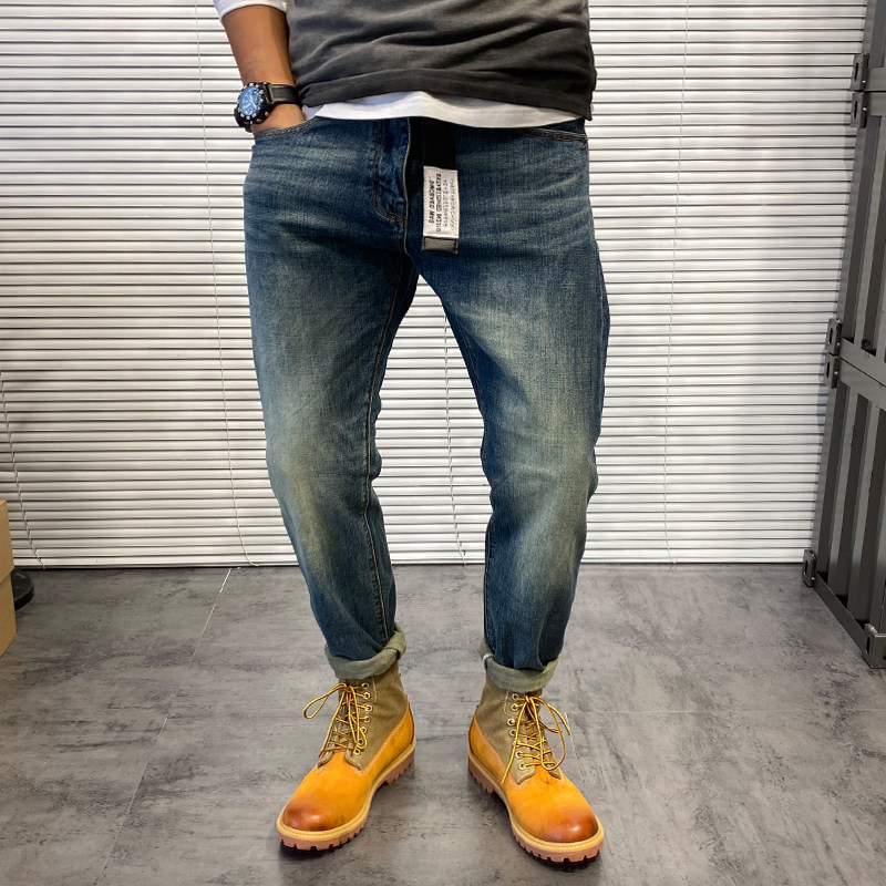 简约复古男士2025秋冬新款美式休闲小直筒猫须磨白水洗机车牛仔裤