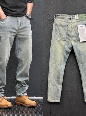 蓝色怀旧美式复古水洗做旧牛仔裤男款春季新款宽松直筒阔腿长裤子