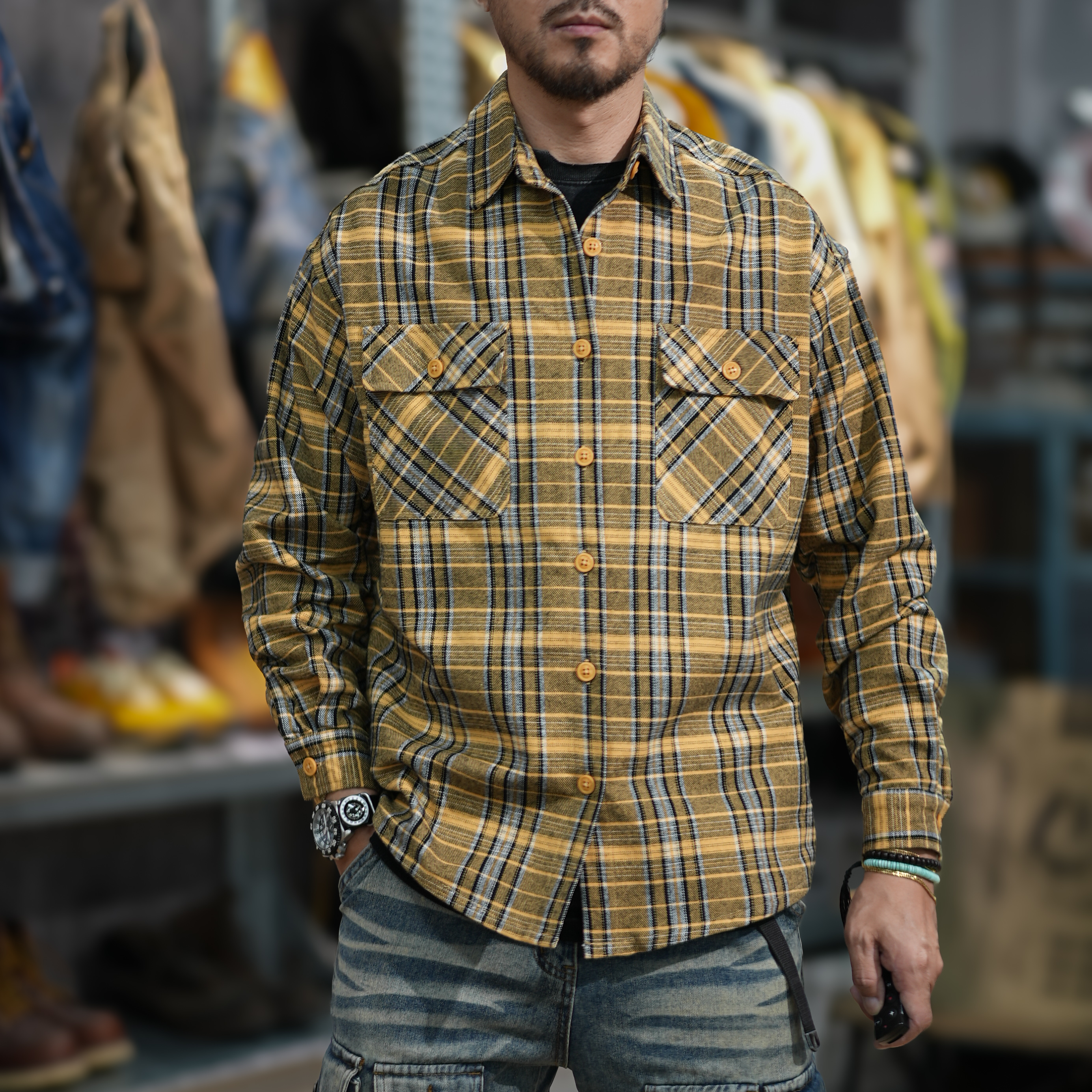 格子百搭长袖衬衫Labourunion