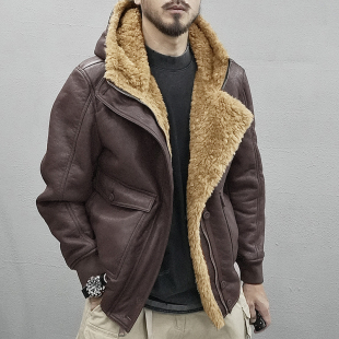复古皮衣大码 冬季 皮毛一体机车连帽宽松短款 加绒加厚外套男装 新款