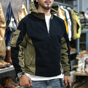 加厚加绒外套 新款 美式 复古撞色古着vintage连帽卫衣男2022秋冬季
