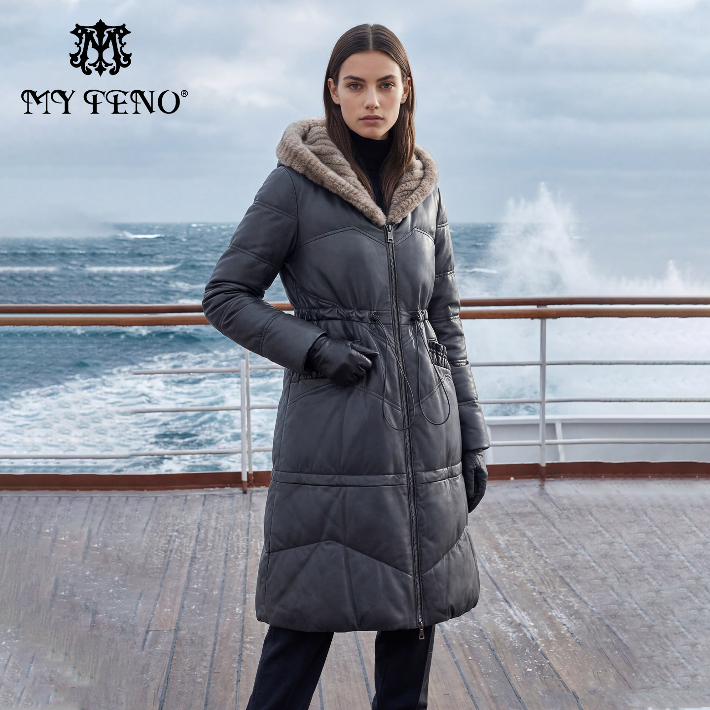 马天奴羽绒服女款新款黑色水貂毛绵羊皮收腰保暖时尚轻奢气质百搭