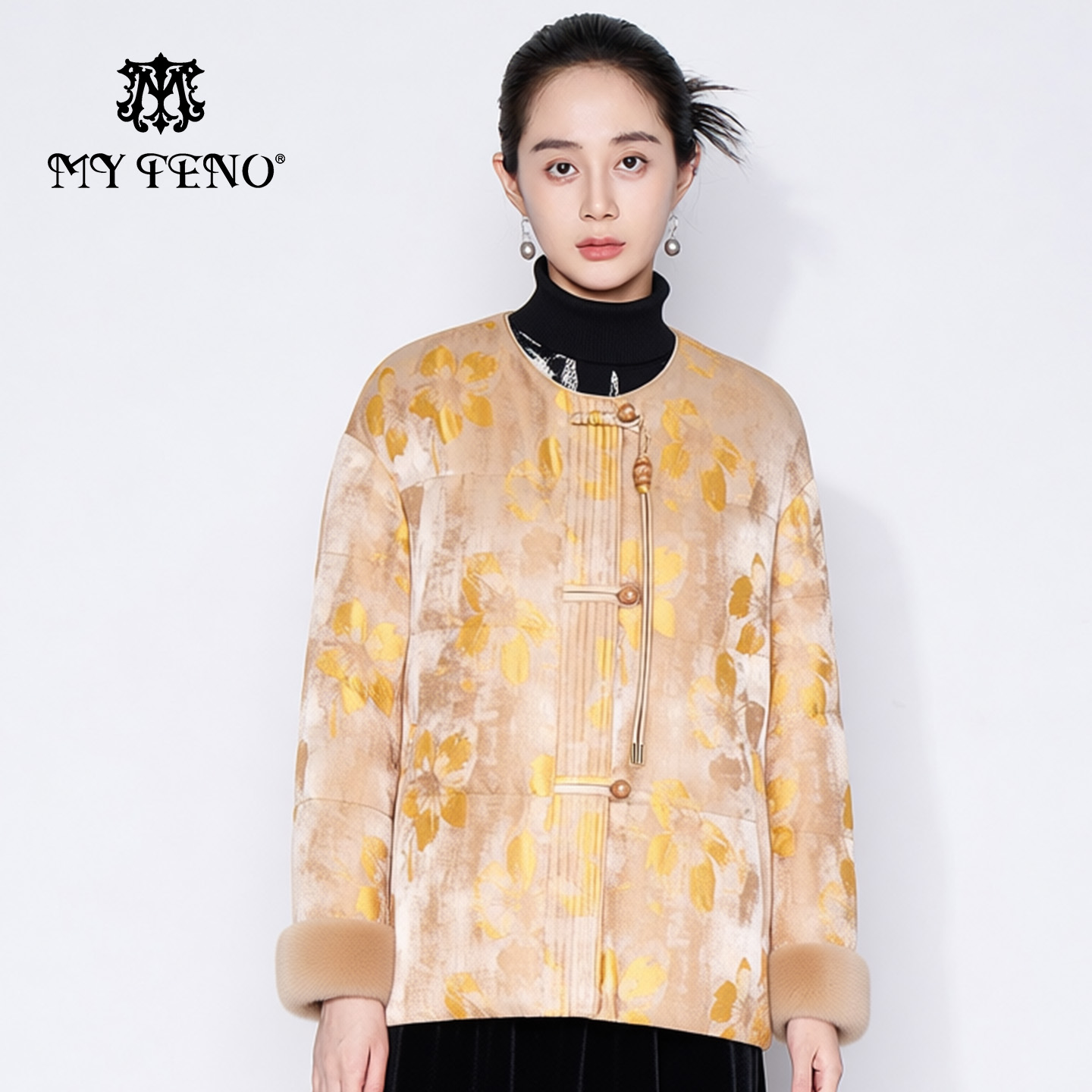 马天奴国风提花盘扣鹅绒羽绒服