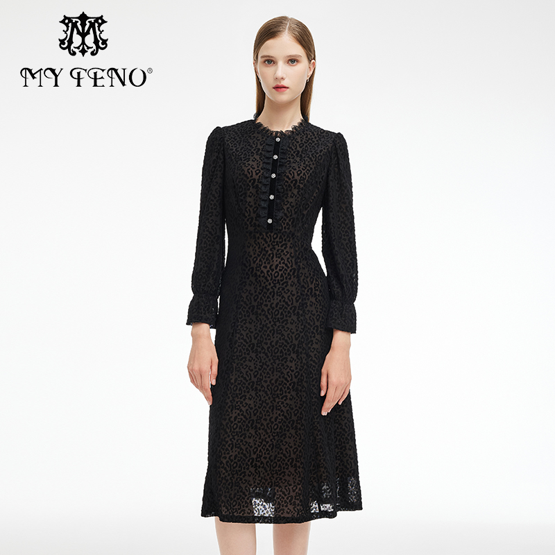 马天奴黑色豹纹烧花连衣裙