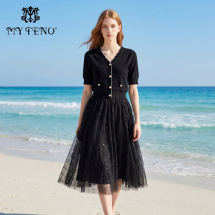 女 收腰连衣裙子拼接网纱气质时尚 马天奴2026春夏新款 黑色V领短袖