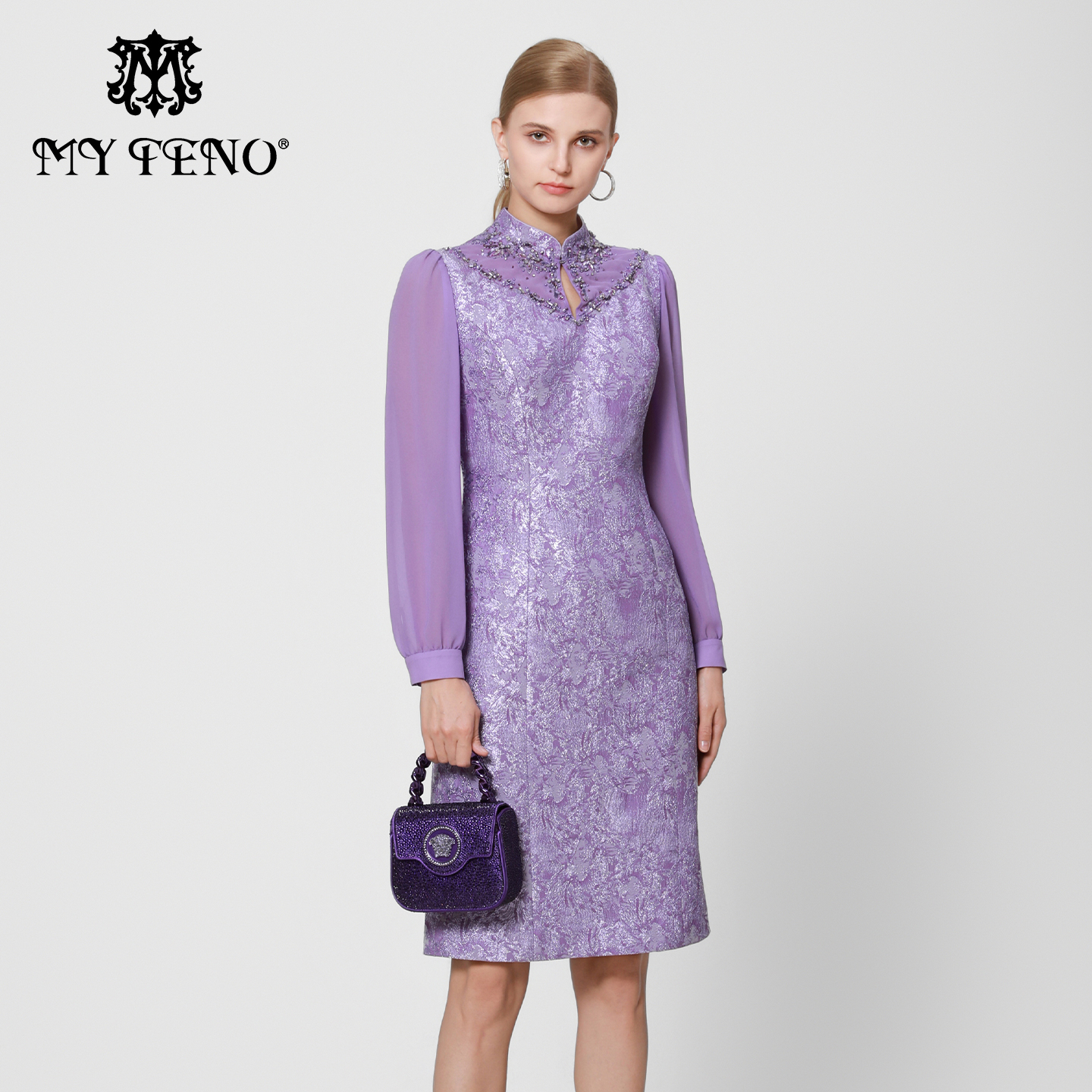 马天奴紫色提花钉珠长袖连衣裙