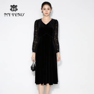 法式 气质时尚 黑色丝绒V领收腰连衣裙子蕾丝袖 马天奴2025秋冬新款