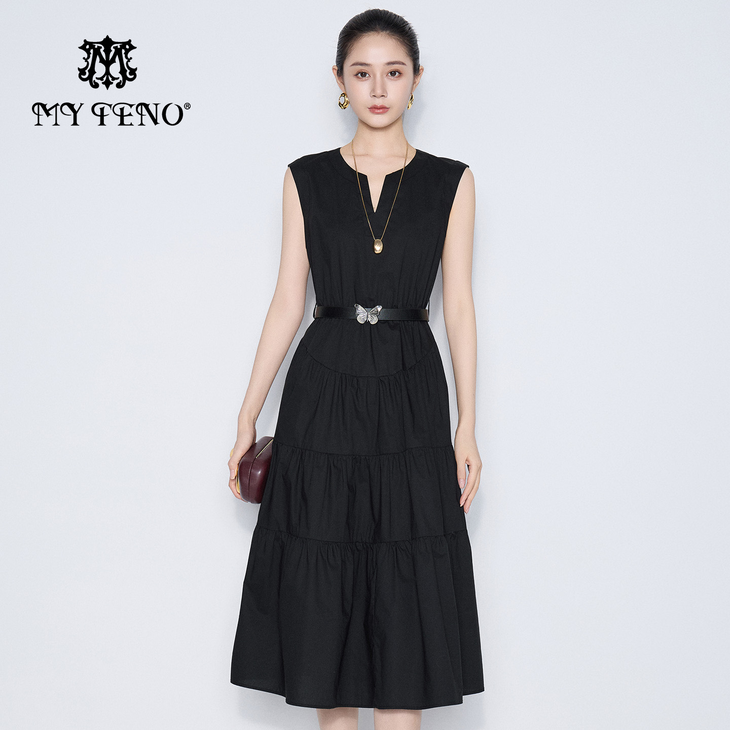 马天奴黑色纯棉收腰无袖连衣裙