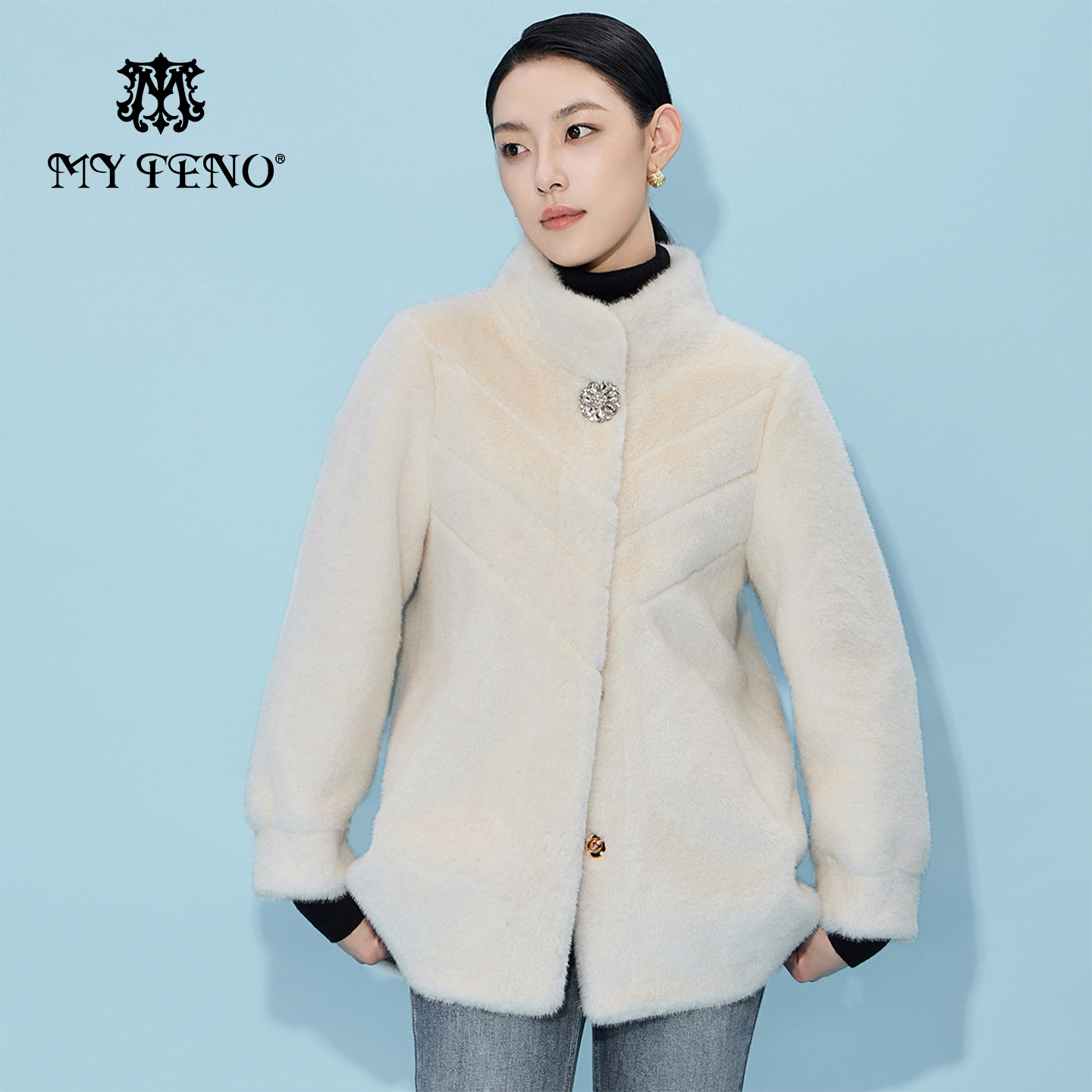 马天奴钻扣立领金貂绒外套