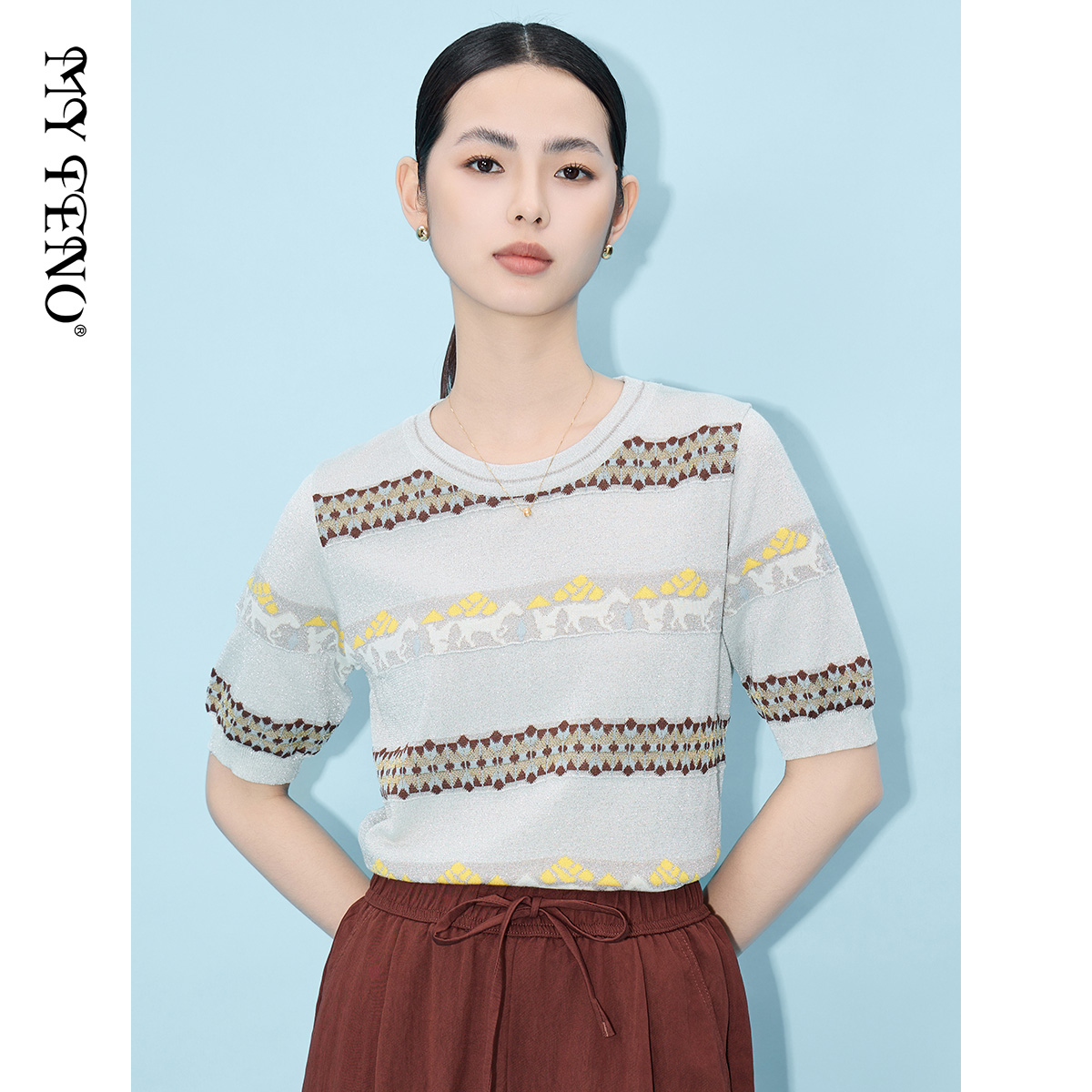 马天奴2025春夏新款灰色闪葱提花圆领针织衫短袖上衣女装小衫时尚