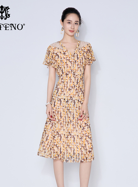 专柜正品马天奴女装夏季新款黄色印花V领钉珠连衣裙子收腰荷叶袖