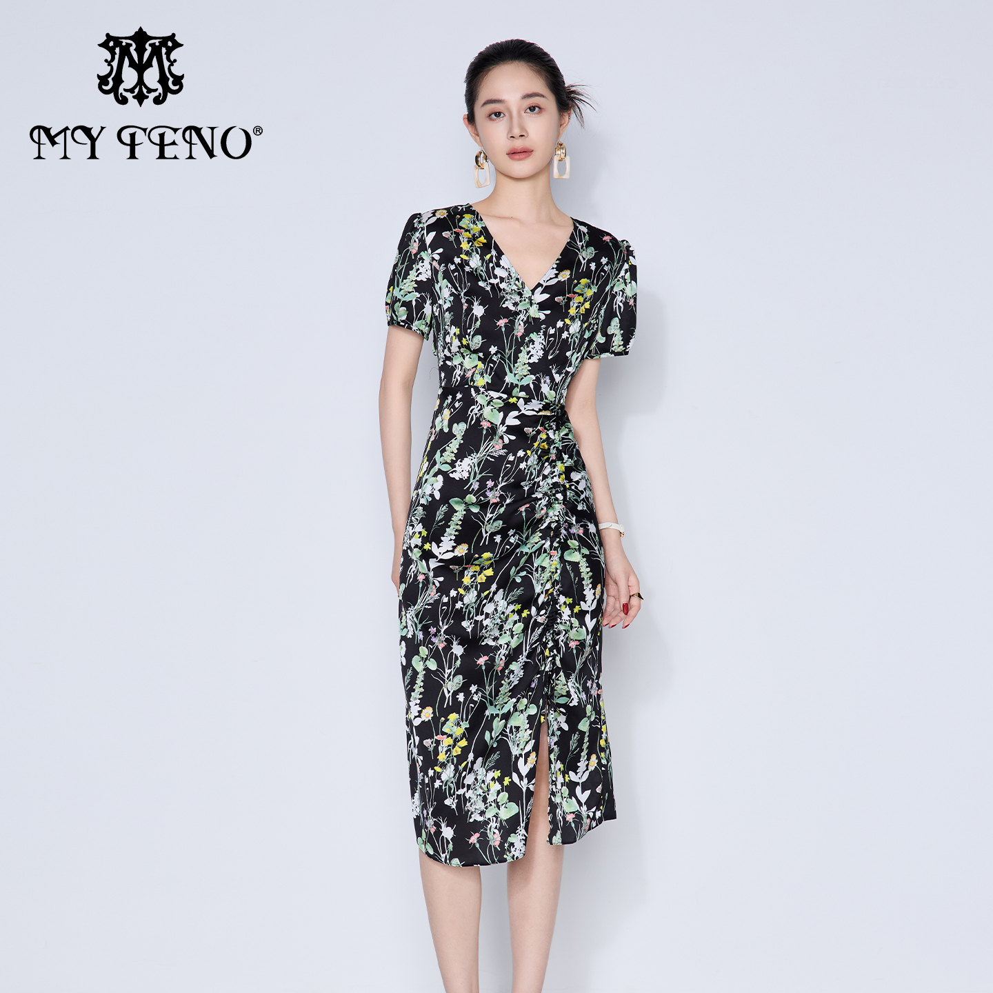 马天奴印花雪纺收腰短袖连衣裙