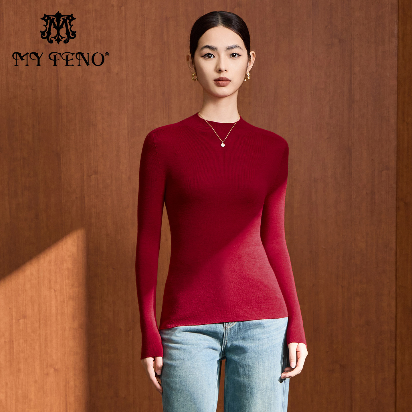 马天奴红色长袖绵羊毛针织衫