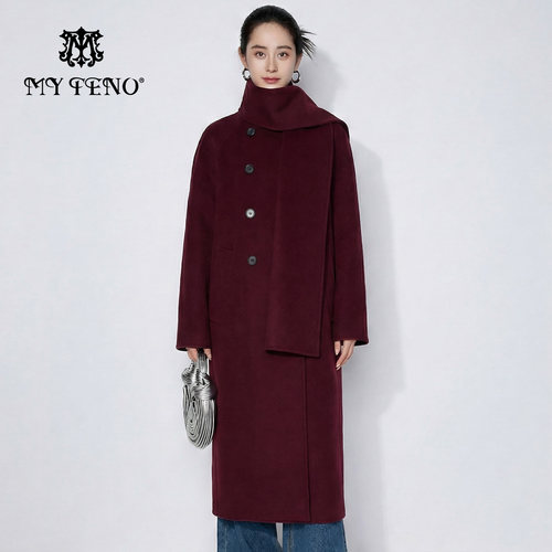 马天奴双排扣长款绵羊毛呢大衣