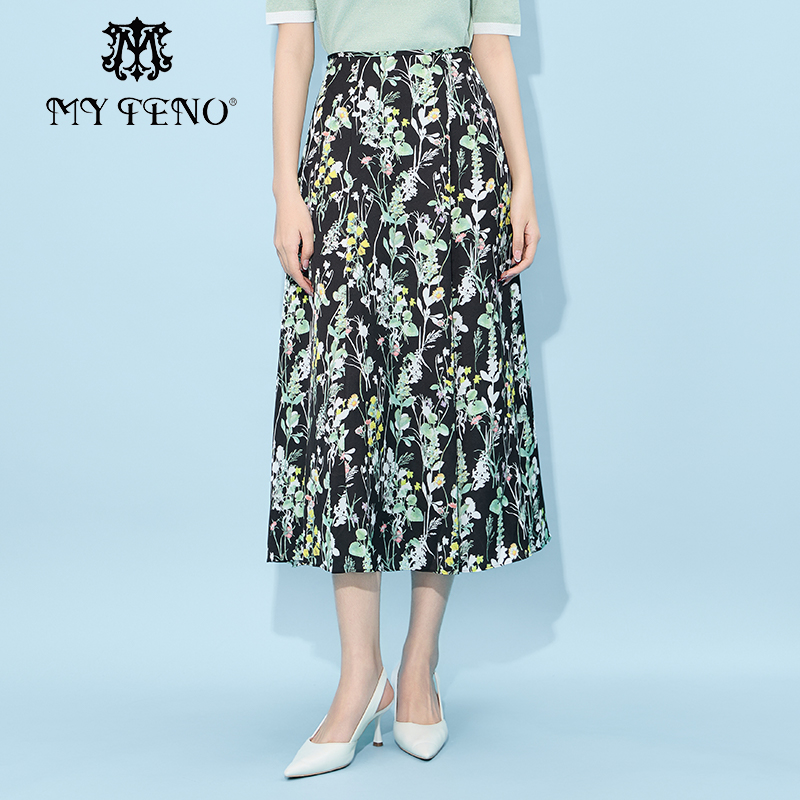 马天奴黑色印花长款A摆半身裙