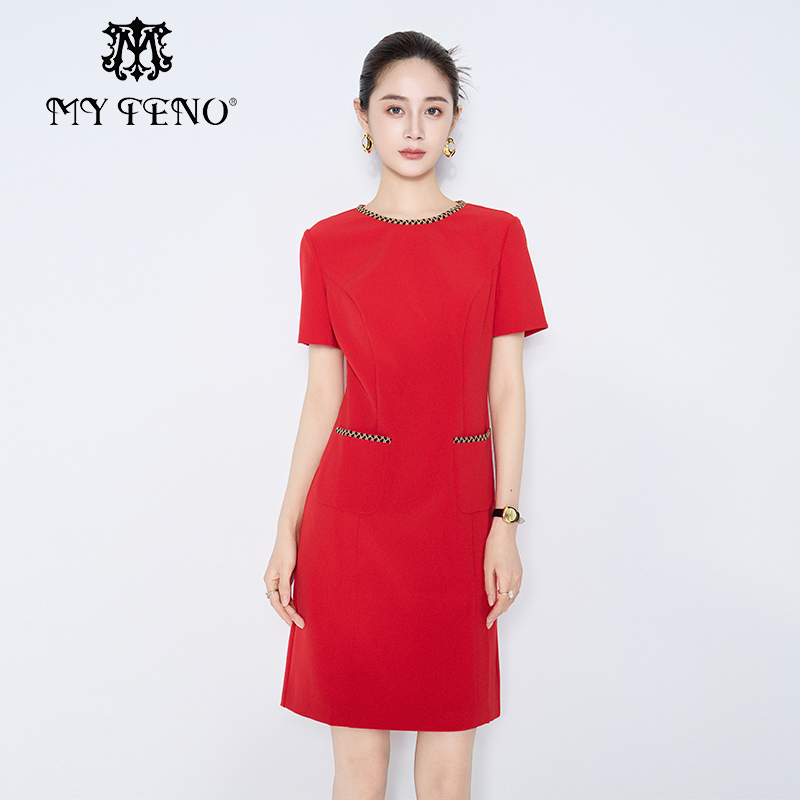 马天奴红色圆领花边短袖连衣裙