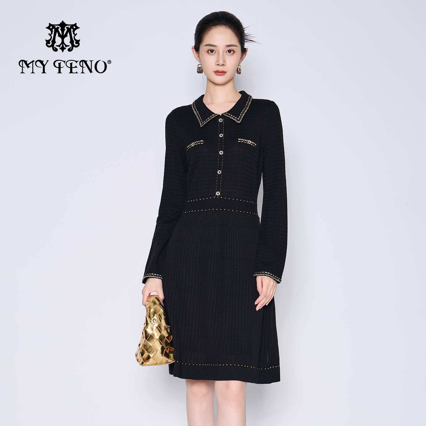 马天奴2025秋冬新款黑色翻领收腰长袖针织连衣裙子小香风气质时尚