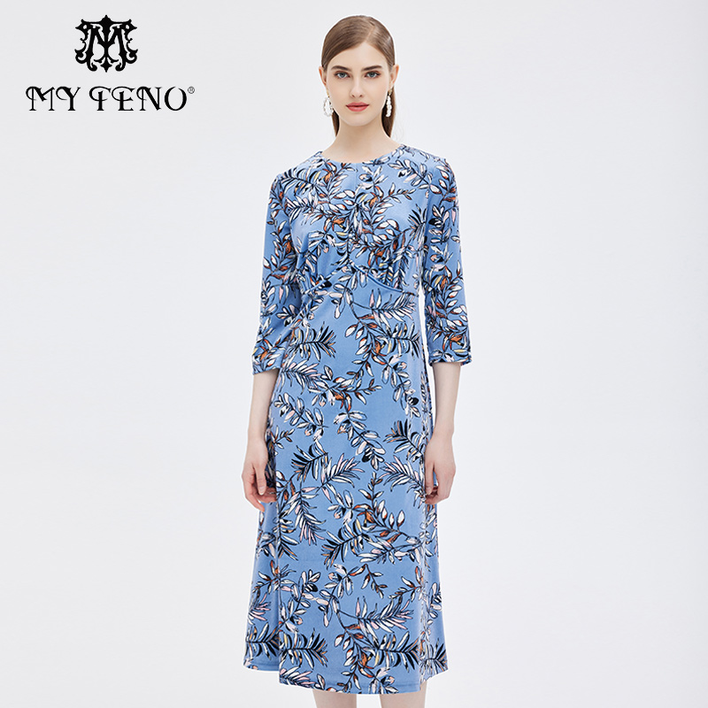 专柜正品马天奴秋季新款印花蓝色圆领中长款丝绒连衣裙子长袖时尚