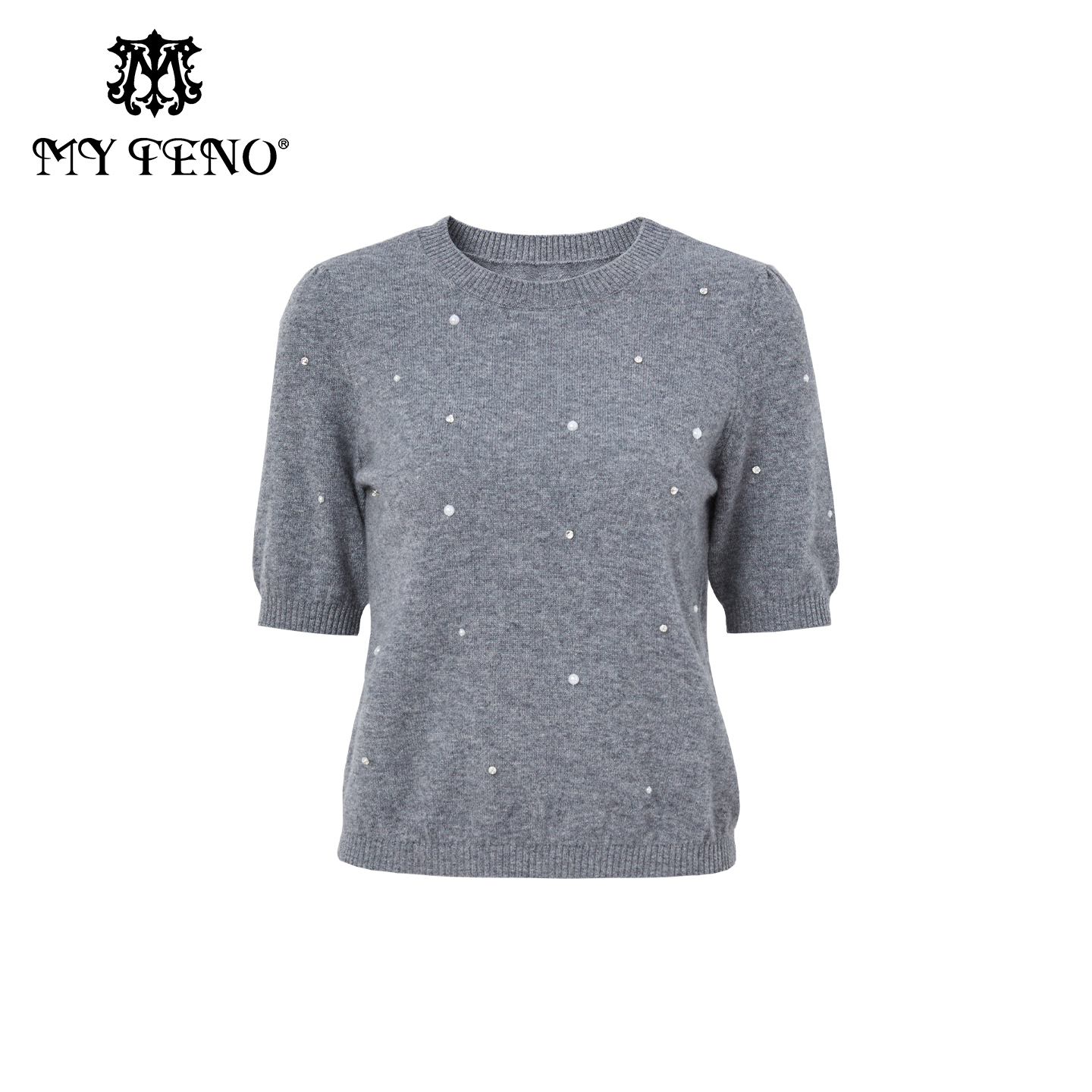 马天奴灰色圆领钉珠百搭针织衫