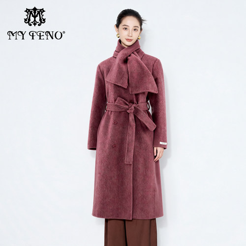 马天奴玫红围巾长款收腰呢大衣