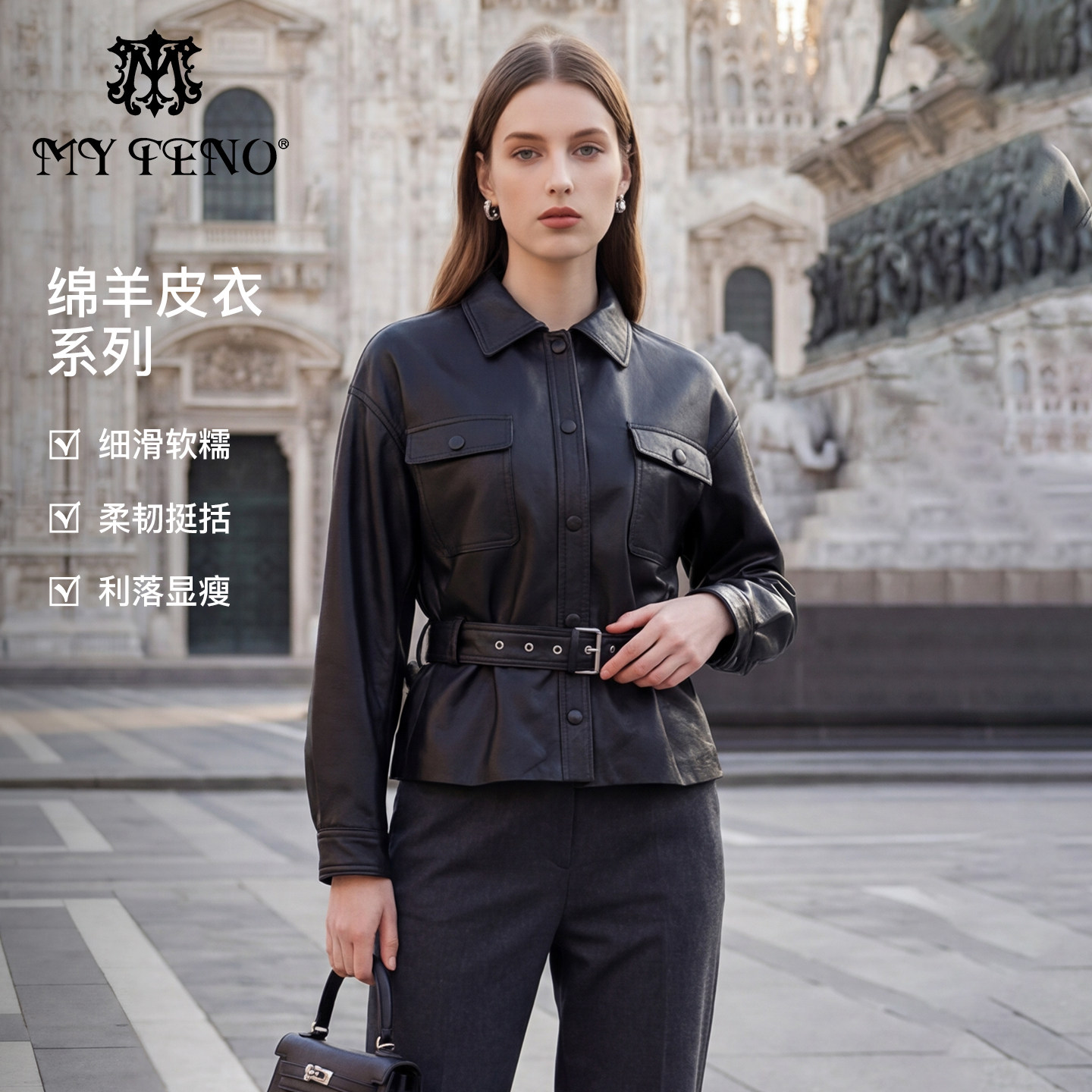 商场同款马天奴2025秋冬新款黑色翻领绵羊皮衣夹克外套短款修身女,女装/女士精品,皮衣,淘宝优惠券,粉丝福利购,淘宝优惠卷