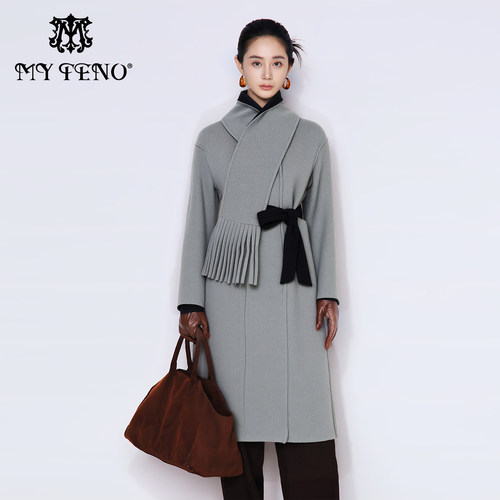 马天奴灰色长款羊毛呢大衣外套