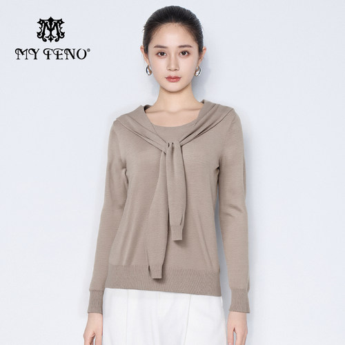 马天奴圆领修身领巾长袖针织衫