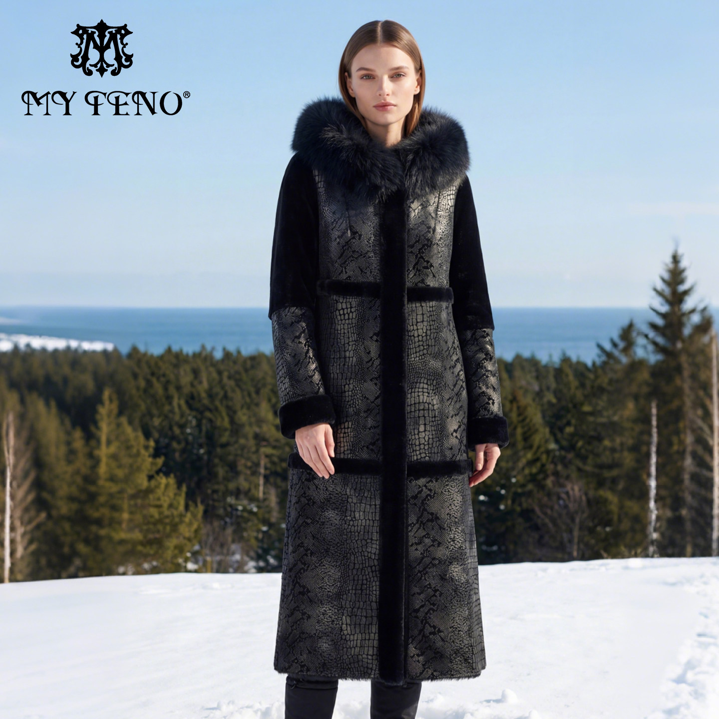 马天奴2025冬新款黑色狐狸毛连帽长款大衣外套仿皮草毛绒一体女装