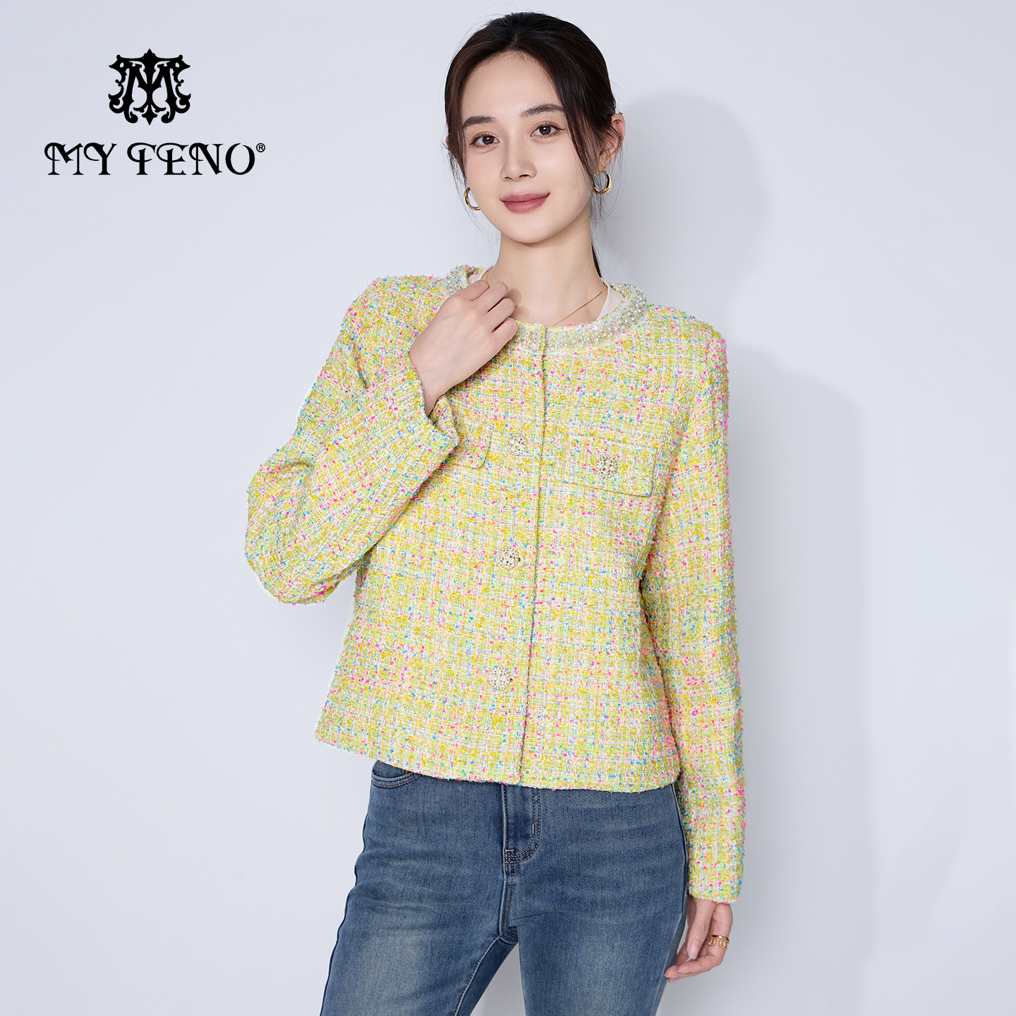 马天奴小香风杏色钉珠羽绒外套