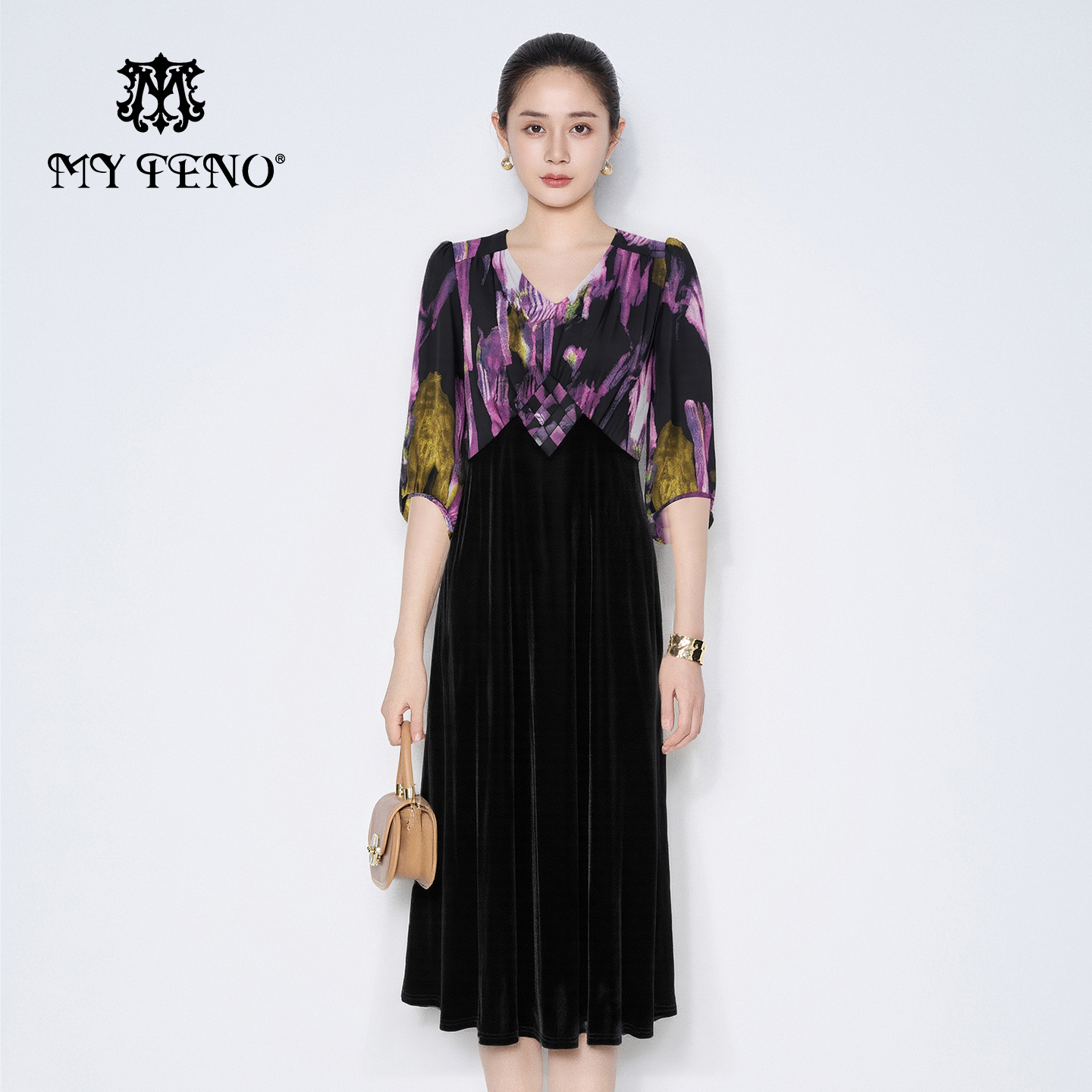 马天奴紫色印花丝绒V领连衣裙