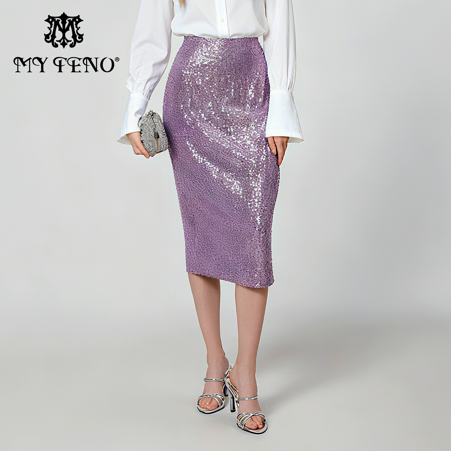 马天奴紫色亮片修身包臀半身裙