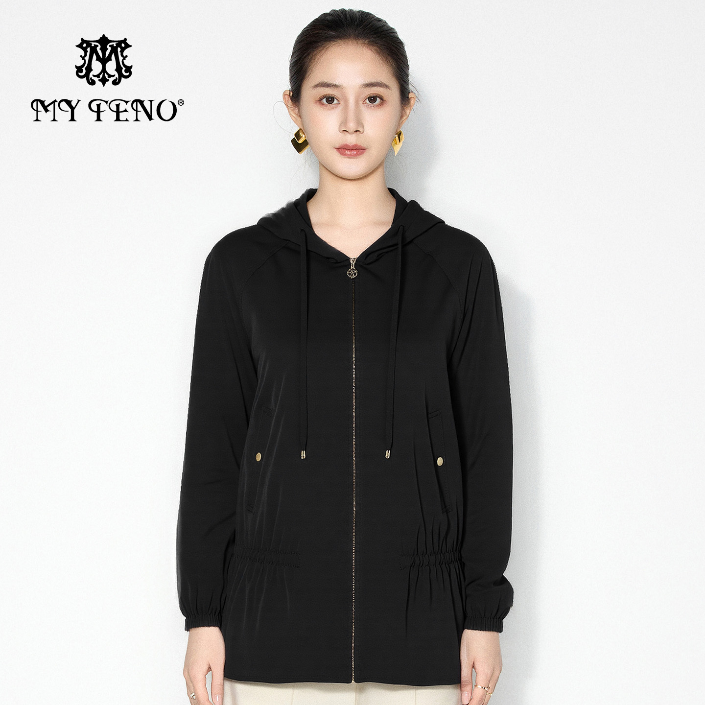 马天奴纯色连帽拉链廓形外套