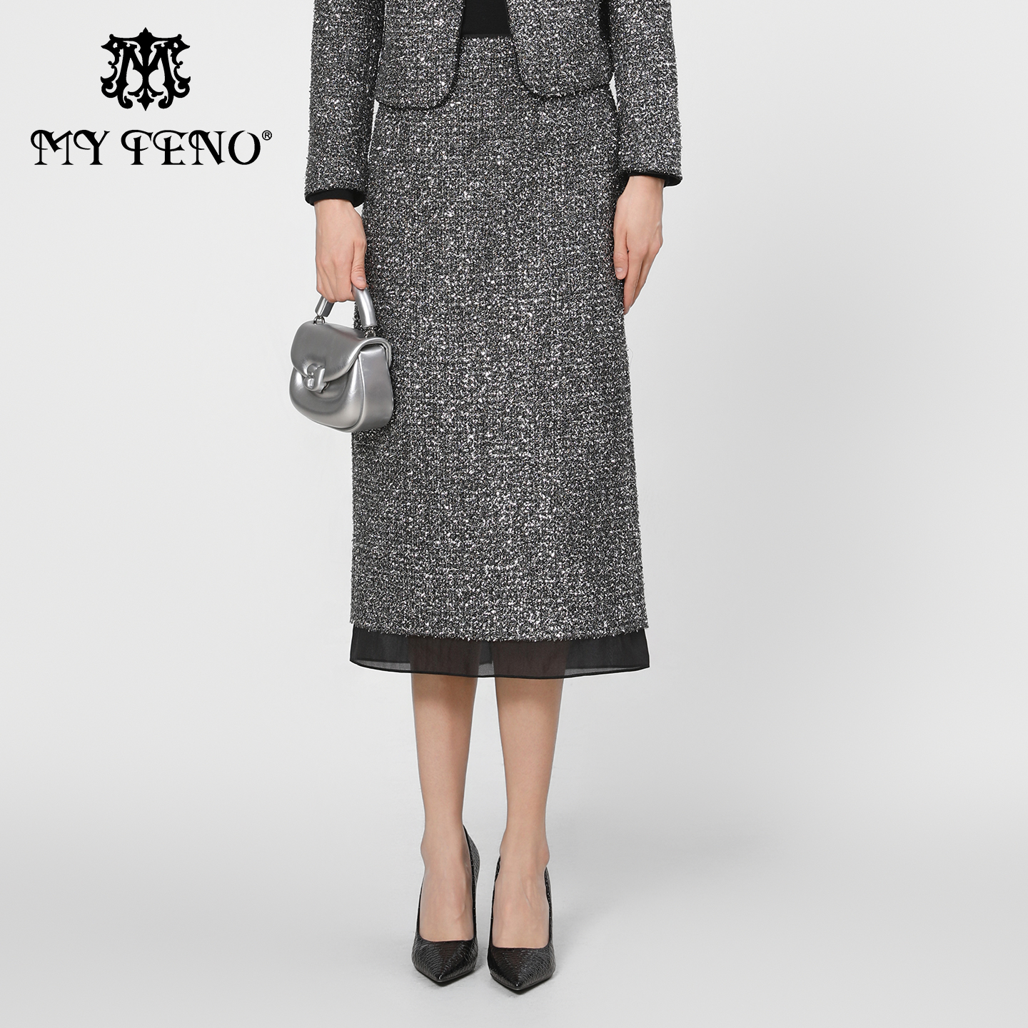 马天奴灰色闪葱开叉直筒半身裙