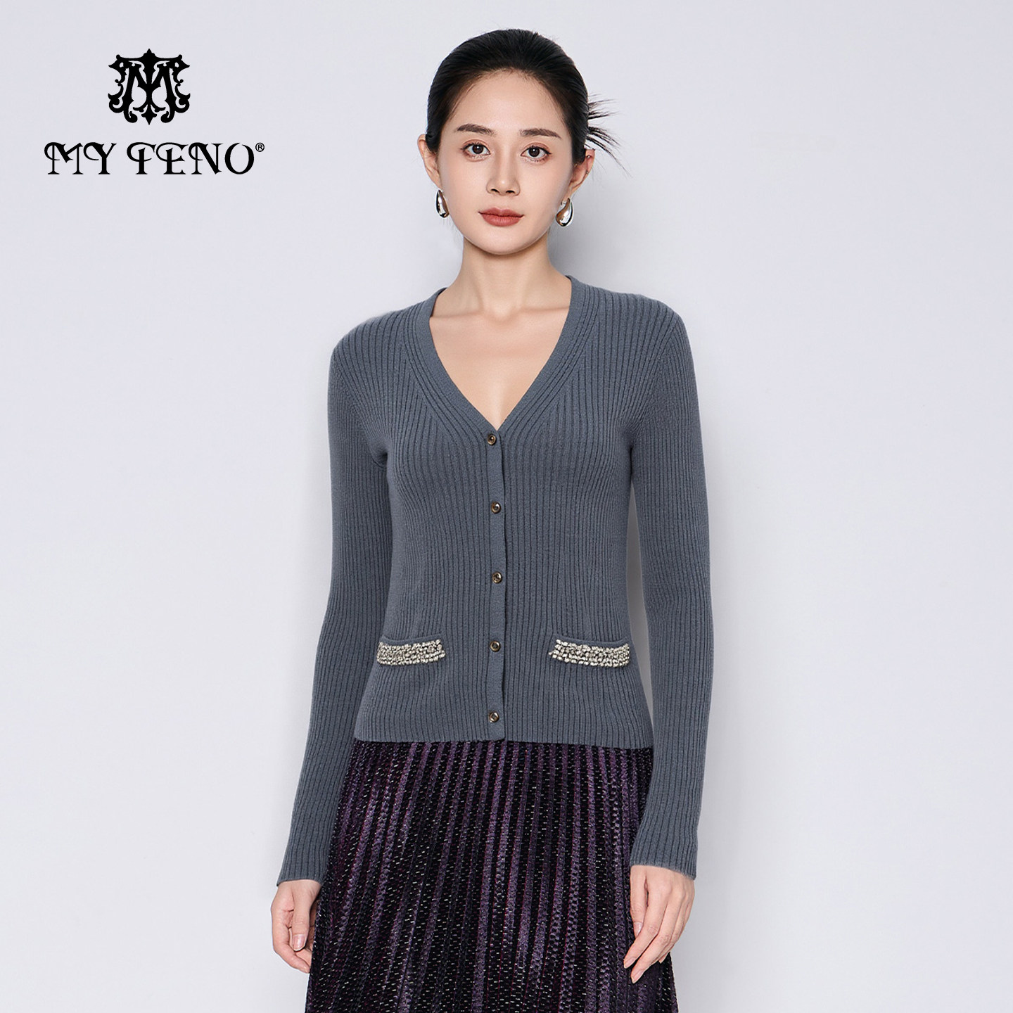 马天奴灰色钉珠绵羊毛针织开衫