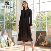 专柜正品 黑色豹纹连衣裙收腰烧花气质长裙子 新款 马天奴女装 秋季